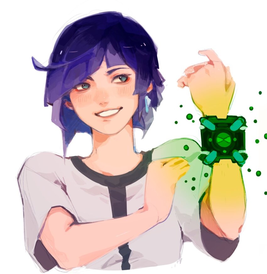 1girl, ben_10, ben_tennyson, ben_tennyson_(cosplay), blue_eyes, blue_hair, commentary, cosplay, earrings, english_commentary, genshin_impact, grin, hand_up, highres, jewelry, omnitrix, shirt, short_hair, short_sleeves, simple_background, smile, solo, upper_body, white_background, white_shirt, xivahtune, yelan_(genshin_impact)