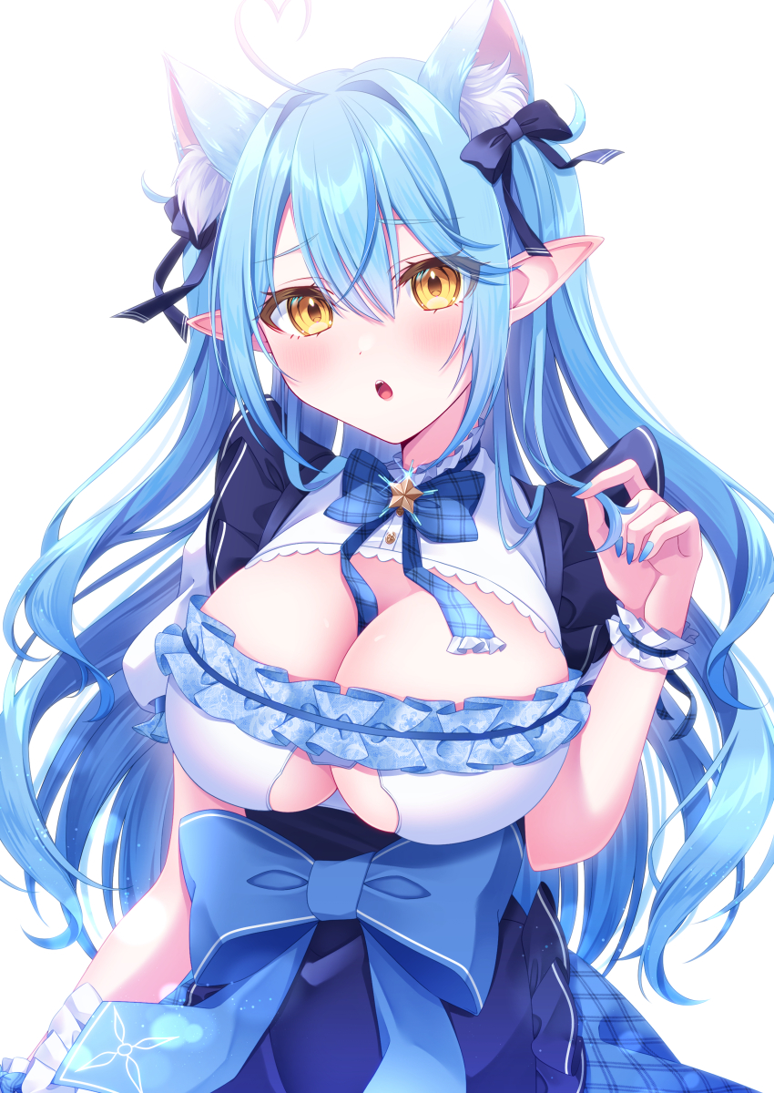 1girl, absurdres, animal_ears, blue_eyes, breasts, cat_ears, cleavage, highres