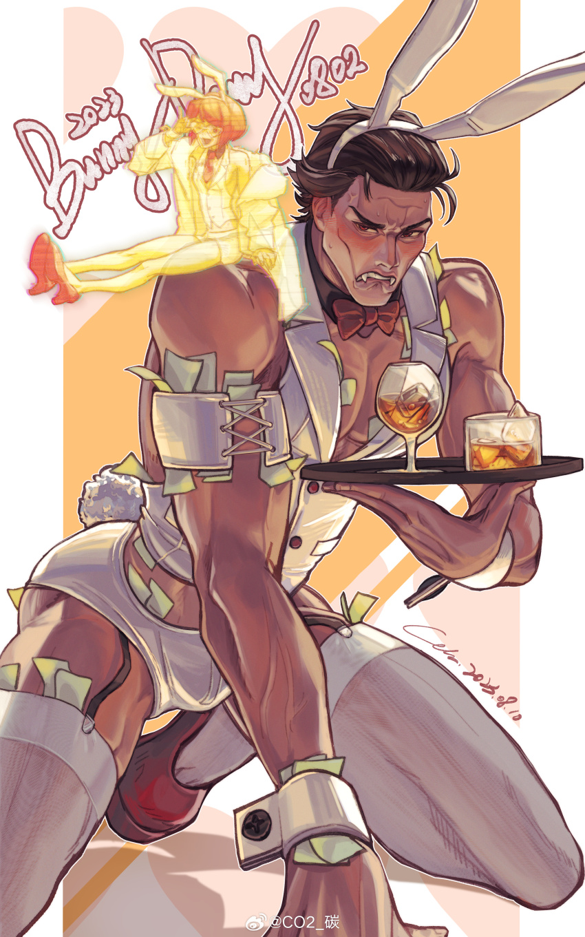 1boy, absurdres, animal_ears, bara, blush, bulge, bunny_day, character_request