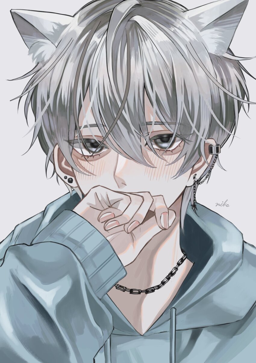 1boy, animal_ears, blue_hoodie, blush, cat_boy, cat_ears, chain, chain_necklace