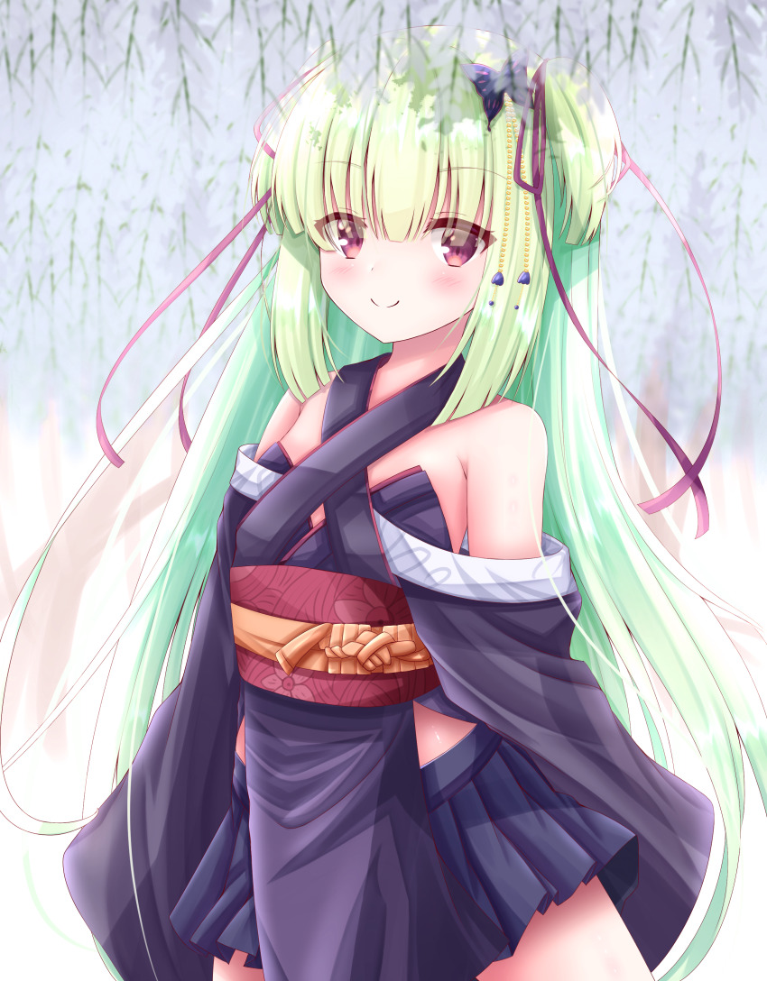 1girl, absurdres, bare_shoulders, black_kimono, black_skirt, blunt_bangs, blunt_ends, blush