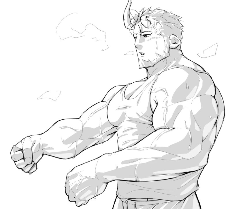1boy, :o, bara, beard, breath, broken_horn, cowboy_shot, demon_boy