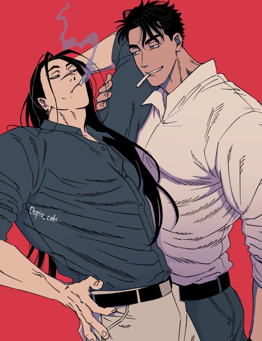 2boys, arm_behind_head, balnom, bara, couple, cowboy_shot, dark-skinned_male, dark_skin