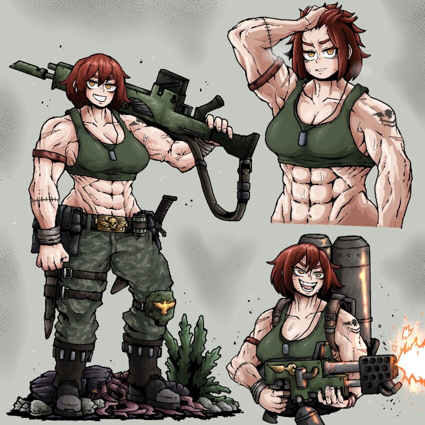 1girl, abs, astra_militarum, camouflage, catachan_jungle_fighter, directed-energy_weapon, dog_tags, energy_gun