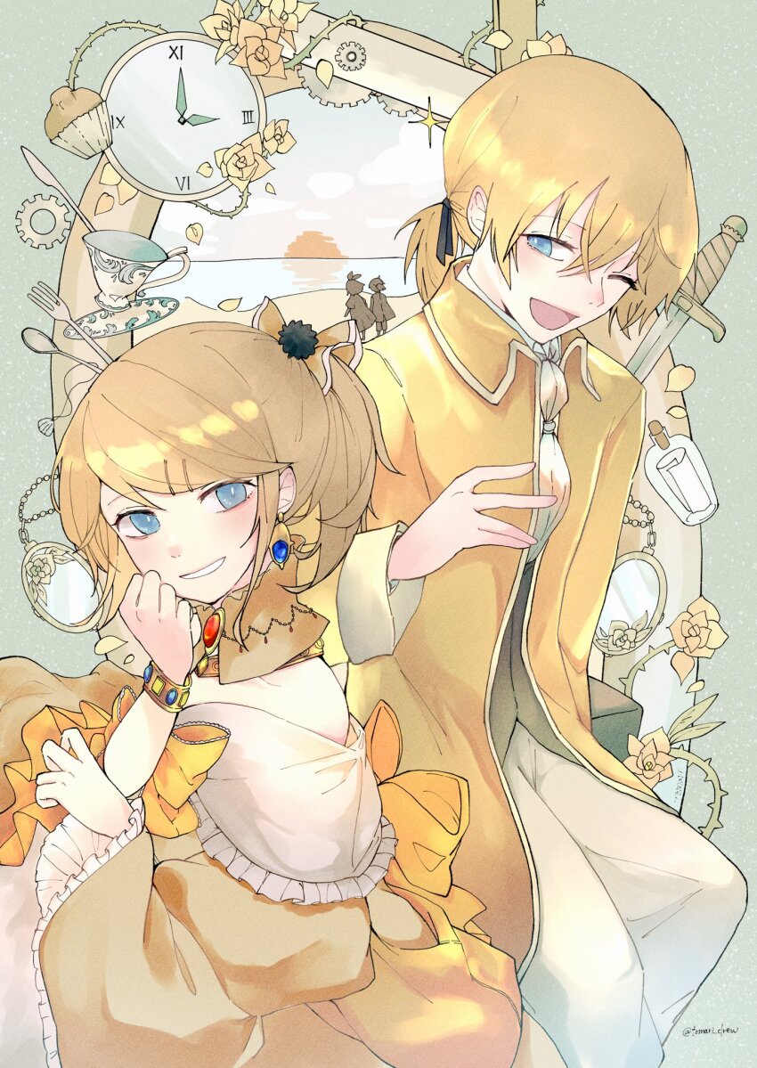 1boy, 1girl, aged_down, aku_no_meshitsukai_(vocaloid), aku_no_musume_(vocaloid), allen_avadonia, ascot, bare_shoulders