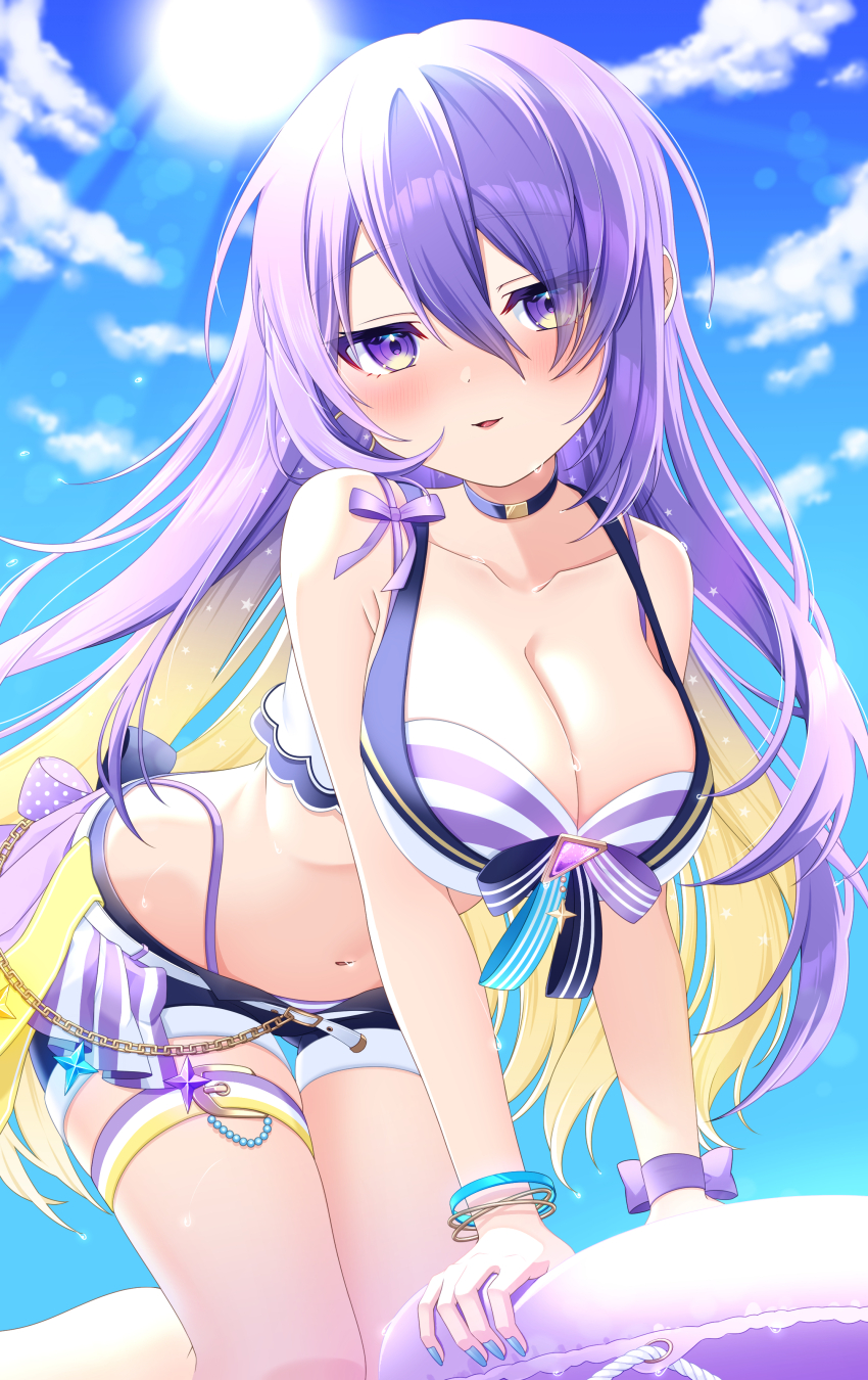 1girl, absurdres, belt, bikini, bikini_bottom_under_shorts, bikini_under_clothes, black_choker, blue_shorts, blue_sky, blush, breasts, choker, cleavage, cloud, front-tie_bikini_top, front-tie_top, highleg, highleg_bikini, highres, hololive, hololive_indonesia, hololive_summer_2023_swimsuit, large_breasts, long_hair, moona_hoshinova, navel, open_fly, open_mouth, poyu_(soyokaze1160), purple_bikini, purple_eyes, purple_hair, shorts, sky, striped_bikini, striped_clothes, sun, swimsuit, thigh_belt, thigh_strap, virtual_youtuber, white_belt