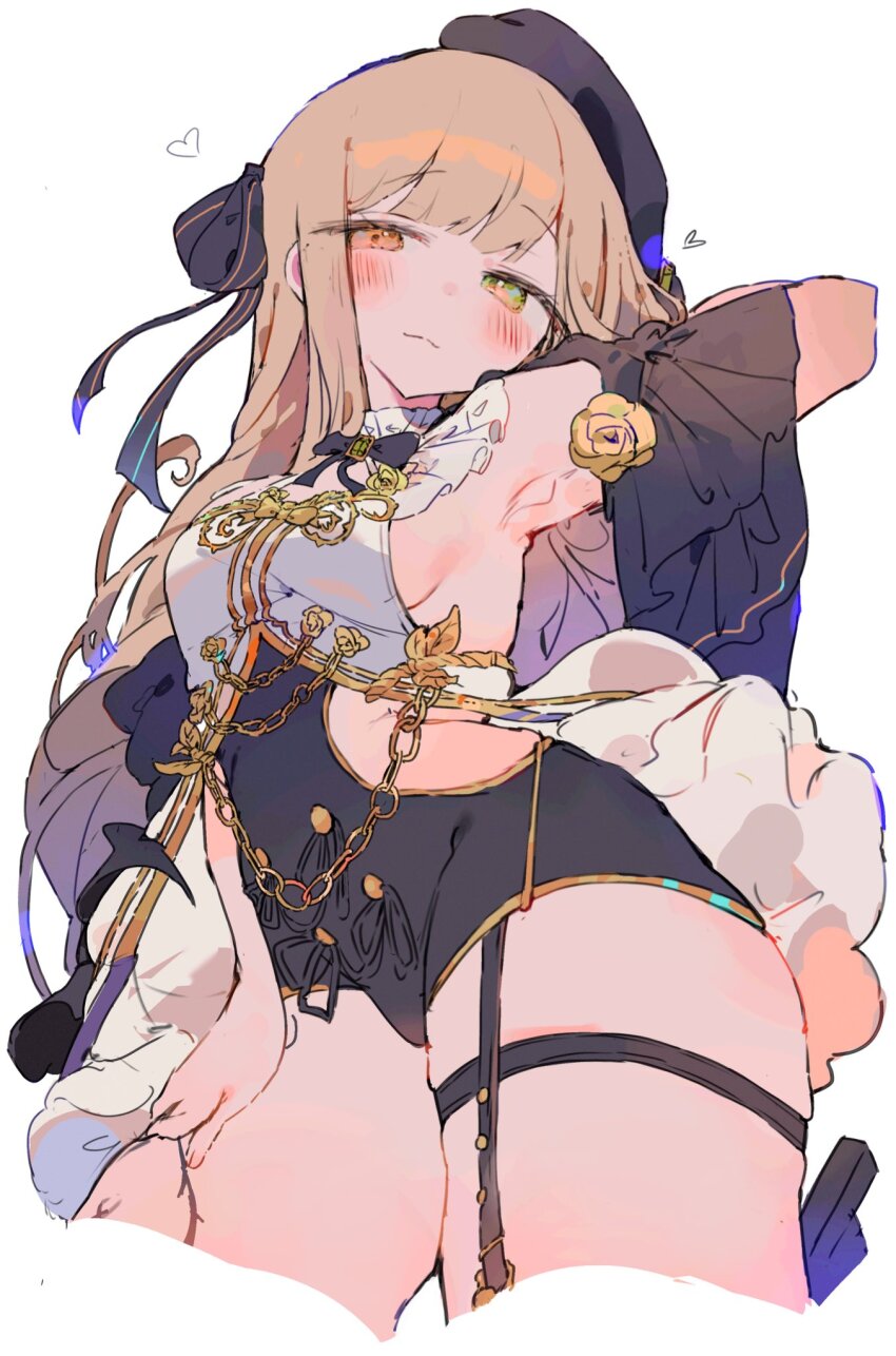 1girl, armpits, beret, blush, bow, breasts, bunchi, closed_mouth