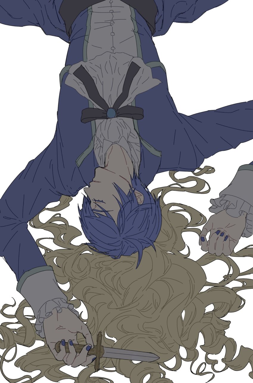 1boy, androgynous, arms_up, ascot, blonde_hair, blue_hair, blue_jacket, blue_nails