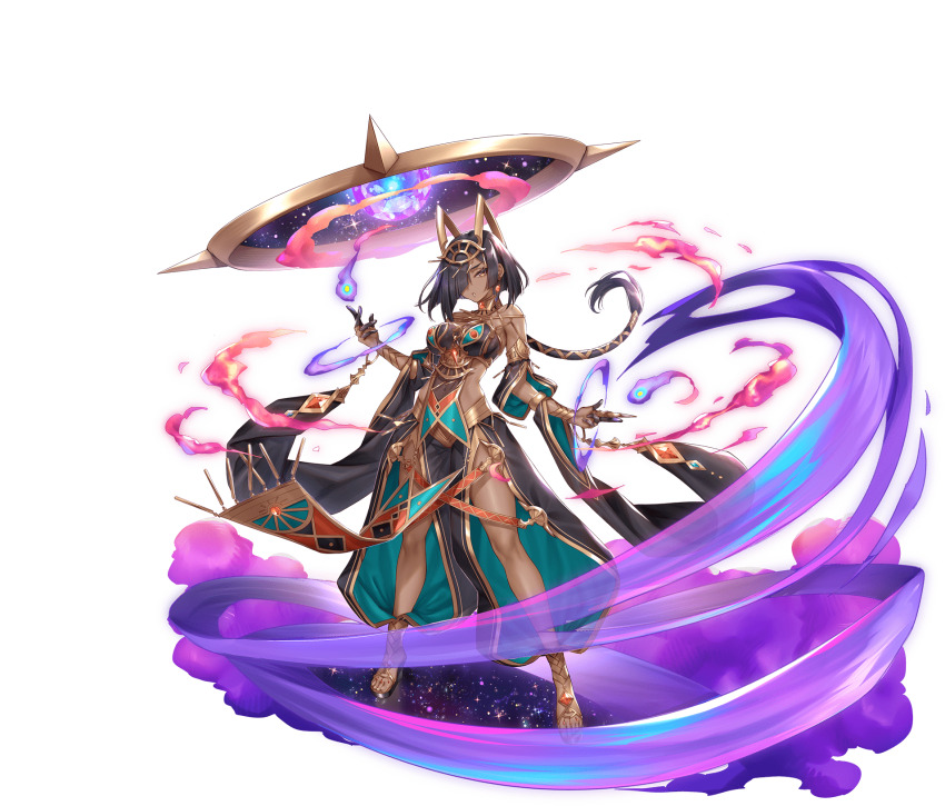 1girl, ancient_egyptian, black_hair, dark-skinned_female, dark_skin, detached_sleeves, earrings, full_body, gem, hair_over_one_eye, highres, horteus_(sennen_sensou_aigis), jewelry, midriff, navel, official_art, pelvic_curtain, sandals, sennen_sensou_aigis, third-party_source, transparent_background, yellow_eyes