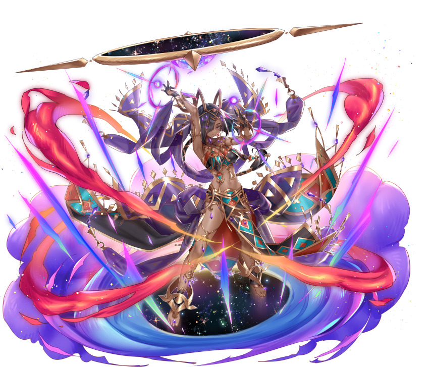 1girl, ancient_egyptian, arms_up, barefoot_sandals_(jewelry), black_hair, dark-skinned_female, dark_skin, earrings