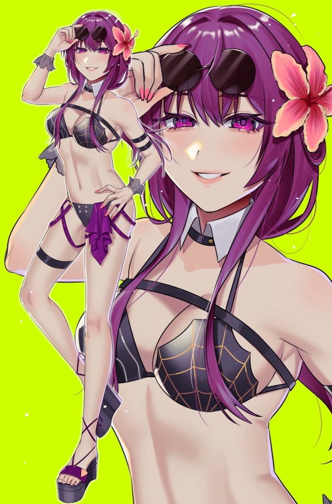 1girl, arm_strap, bare_shoulders, bikini, black_bikini, black_footwear, breasts, cleavage, commentary_request, eyewear_on_head, flower, green_background, grin, hair_flower, hair_ornament, hand_on_own_hip, honkai:_star_rail, honkai_(series), kafka_(honkai:_star_rail), legs, long_hair, looking_at_viewer, medium_breasts, midriff, multiple_views, nail_polish, navel, pink_flower, pink_nails, platform_footwear, purple_eyes, purple_hair, sandals, simple_background, smile, stomach, sugita_(merinib), sunglasses, swimsuit, thigh_strap, thighs, toenails, toes, zoom_layer