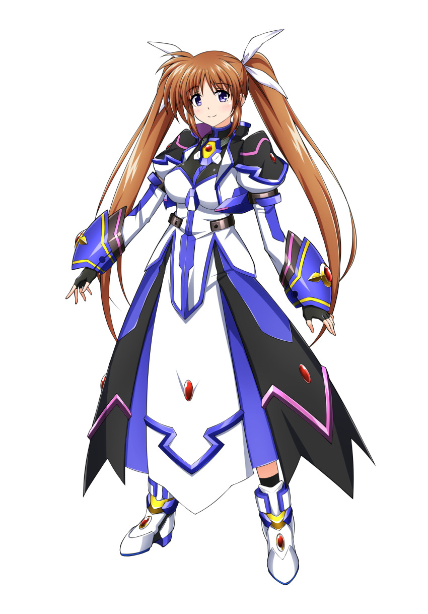 1girl, breasts, brown_hair, fingerless_gloves, gauntlets, gloves, hair_ribbon, highres