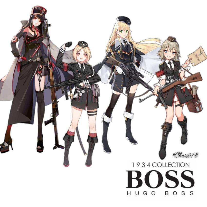 4girls, asymmetrical_legwear, black_hair, blonde_hair, boots, collage, full_body, girls'_frontline