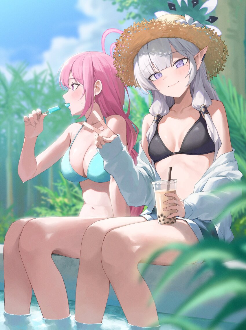 2girls, absurdres, alternate_costume, aqua_bikini, bikini, black_bikini, blue_archive, blue_sky