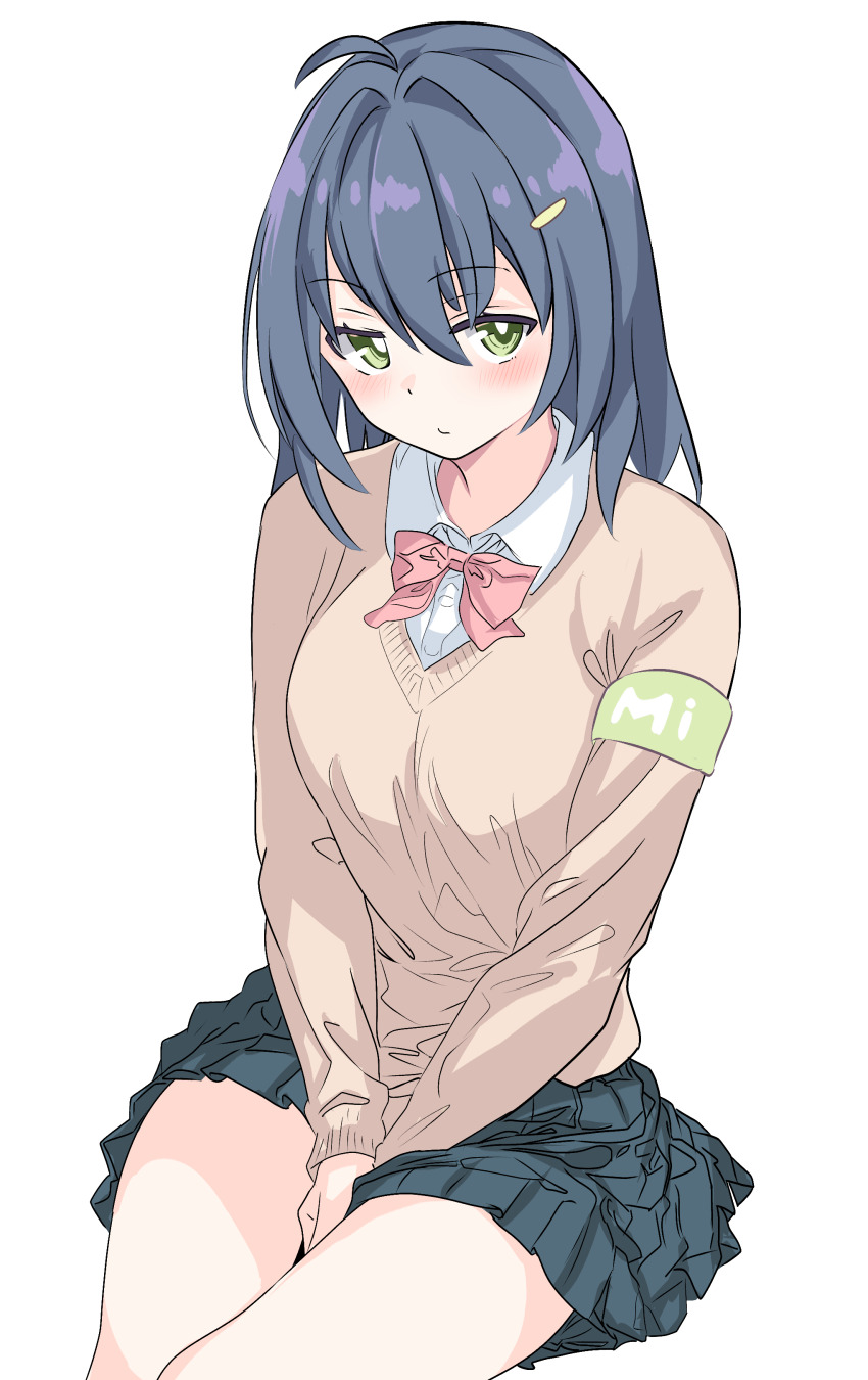 1girl, absurdres, armband, between_legs, blue_hair, bow, bowtie, green_eyes, hair_ornament, hairclip, hand_between_legs, highres, looking_at_viewer, metsu_end, misskey.io, one-hour_drawing_challenge, pink_bow, pink_bowtie, school_uniform, sitting, skirt, solo, sweater, syuilo_(misskey.io), thighs, white_background