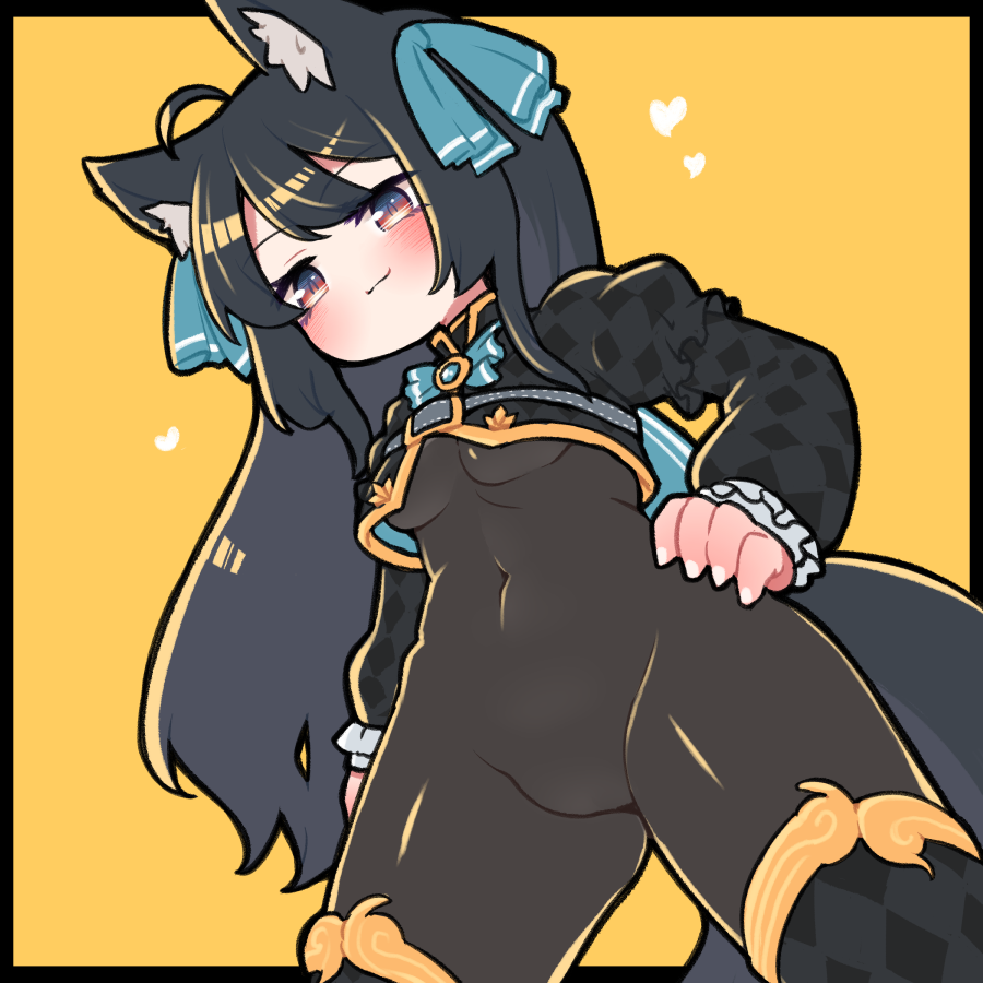 1girl, ahoge, animal_ears, black_hair, bodystocking, borrowed_character, breasts, cat_ears