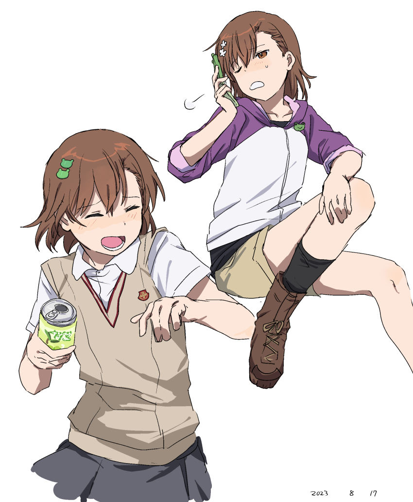 1girl, absurdres, asymmetrical_bangs, black_socks, brown_eyes, brown_footwear, brown_hair, brown_sweater_vest