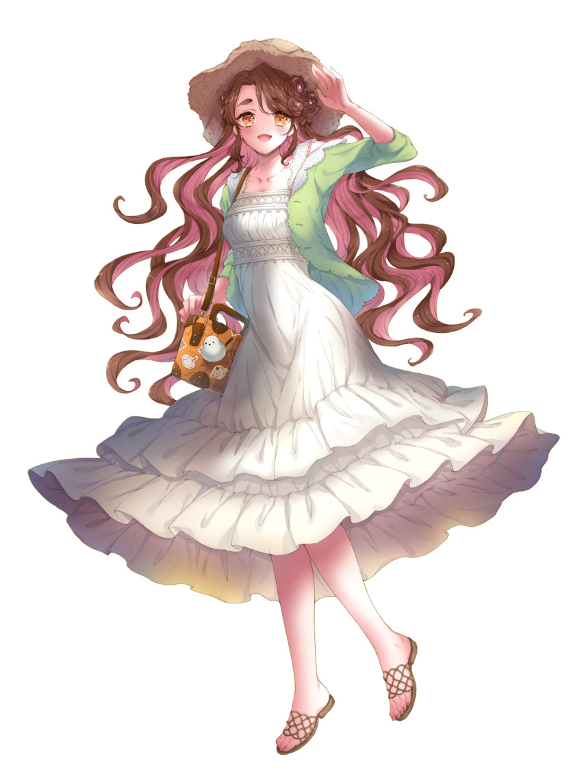 1girl, :d, bag, bag_charm, brown_eyes, brown_hair, chain_paradox, charm_(object), dress, feet, full_body, hand_up, handbag, hat, highres, littlestars7, long_hair, multicolored_hair, nail_polish, nanamori_minoru, open_mouth, pink_hair, pink_nails, sandals, smile, solo, thick_eyebrows, toenail_polish, toenails, toes, two-tone_hair, white_dress