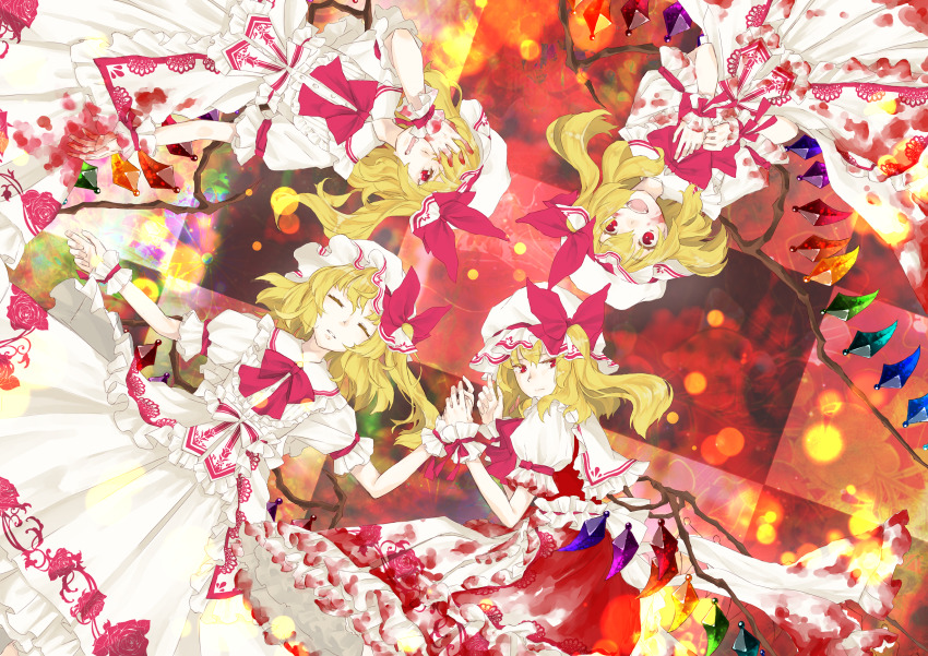4girls, alternate_costume, azuma_kazamori, blonde_hair, blood, blood_on_clothes, blood_on_hands, bow, bowtie, checkered_background, closed_mouth, flandre_scarlet, floral_print, four_of_a_kind_(touhou), frilled_skirt, frills, hair_between_eyes, hat, highres, medium_hair, mob_cap, multicolored_wings, multiple_girls, one_side_up, open_mouth, print_skirt, puffy_short_sleeves, puffy_sleeves, red_bow, red_bowtie, red_eyes, red_skirt, red_vest, rose_print, shirt, short_sleeves, skirt, skirt_set, touhou, upside-down, vest, white_headwear, white_shirt, white_skirt, wings, wrist_cuffs