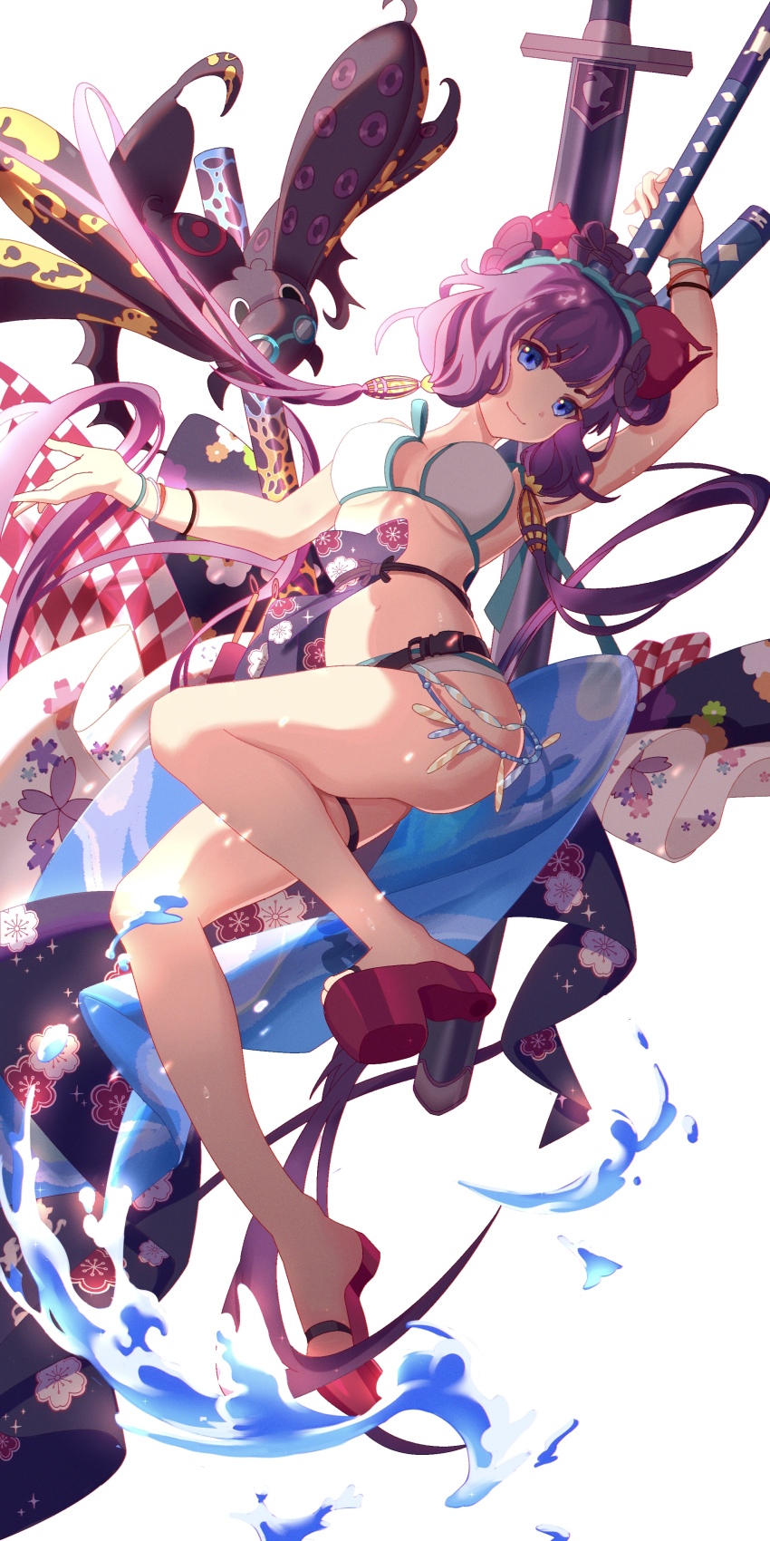 1girl, absurdres, ass, bare_shoulders, bikini, black_hair, blue_eyes, bracelet, breasts, cleavage, commentary, dhsauce, fate/grand_order, fate_(series), floral_print, full_body, goggles, goggles_on_head, hair_ornament, highres, holding, holding_behind_back, holding_sword, holding_sword_behind_back, holding_weapon, holding_weapon_behind_back, jewelry, katana, katsushika_hokusai_(fate), katsushika_hokusai_(swimsuit_saber)_(fate), leg_belt, legs, long_hair, looking_at_viewer, medium_breasts, multiple_bracelets, multiple_swords, multiple_weapons, octopus, plum_blossom_print, sandals, sheath, sheathed, simple_background, smile, solo, stomach, swimsuit, sword, thigh_strap, thighs, toto-sama_(fate), underboob, very_long_hair, water, weapon, white_background, white_bikini