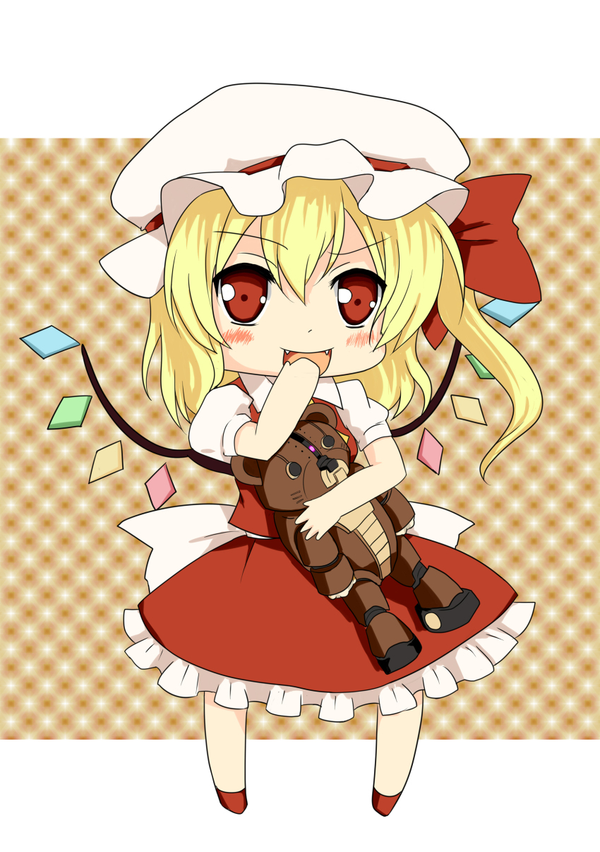 1girl, absurdres, back_bow, beargguy, blonde_hair, border, bow, brown_background