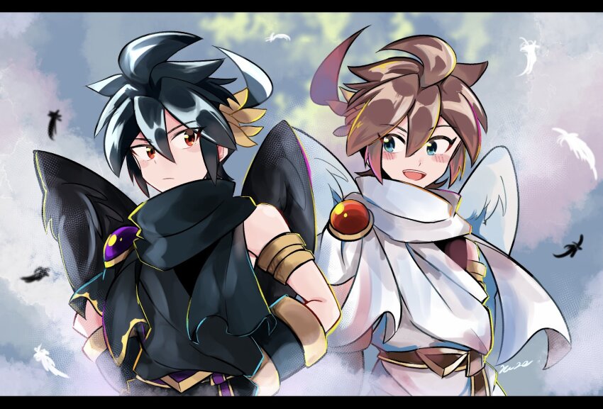 2boys, ahoge, angel, angel_wings, armlet, belt, black_hair, blue_eyes