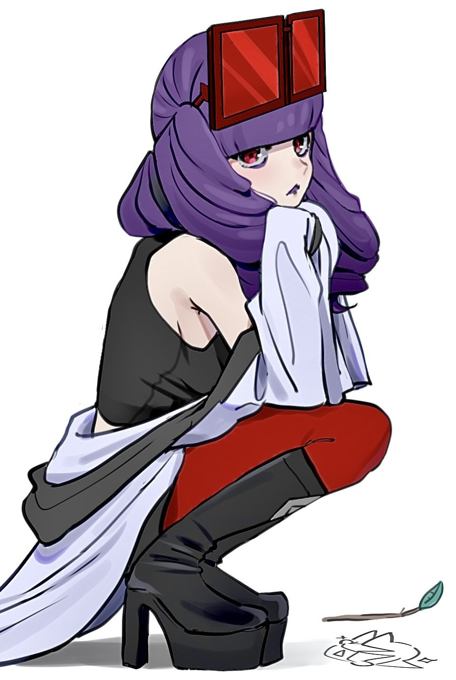 1girl, black_boots, black_shirt, blunt_bangs, boots, closed_mouth, coat, commentary_request