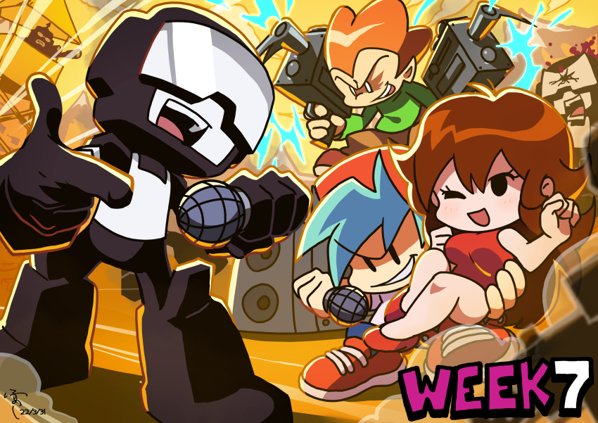 1girl, 5boys, absurdres, black_bodysuit, black_eyes, black_gloves, blood, blue_hair