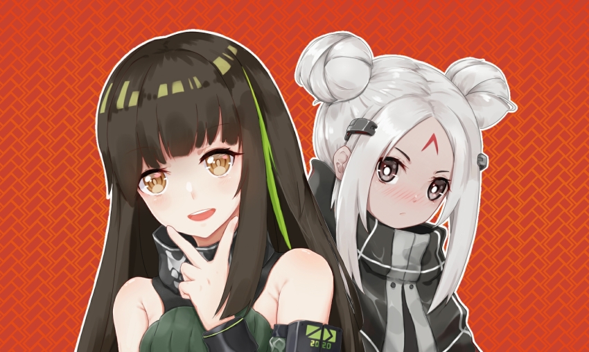 2020, 2girls, alternate_hairstyle, bandana, black_capelet, blush, brown_eyes, brown_hair, capelet, chinese_commentary, closed_mouth, commentary_request, dark_skin, double_bun, elisa_(girls'_frontline), facial_mark, forehead_mark, girls'_frontline, green_hair, green_sweater, hair_bun, hair_ornament, highres, long_hair, looking_at_viewer, m4a1_(girls'_frontline), m4a1_(mod3)_(girls'_frontline), mask, multicolored_hair, multiple_girls, open_mouth, orange_background, parted_bangs, print_bandana, re_dmoon, sangvis_ferri, skull_print, sleeveless, sleeveless_sweater, smile, streaked_hair, sweater, teeth, upper_body, upper_teeth_only, v, v_over_mouth, white_hair