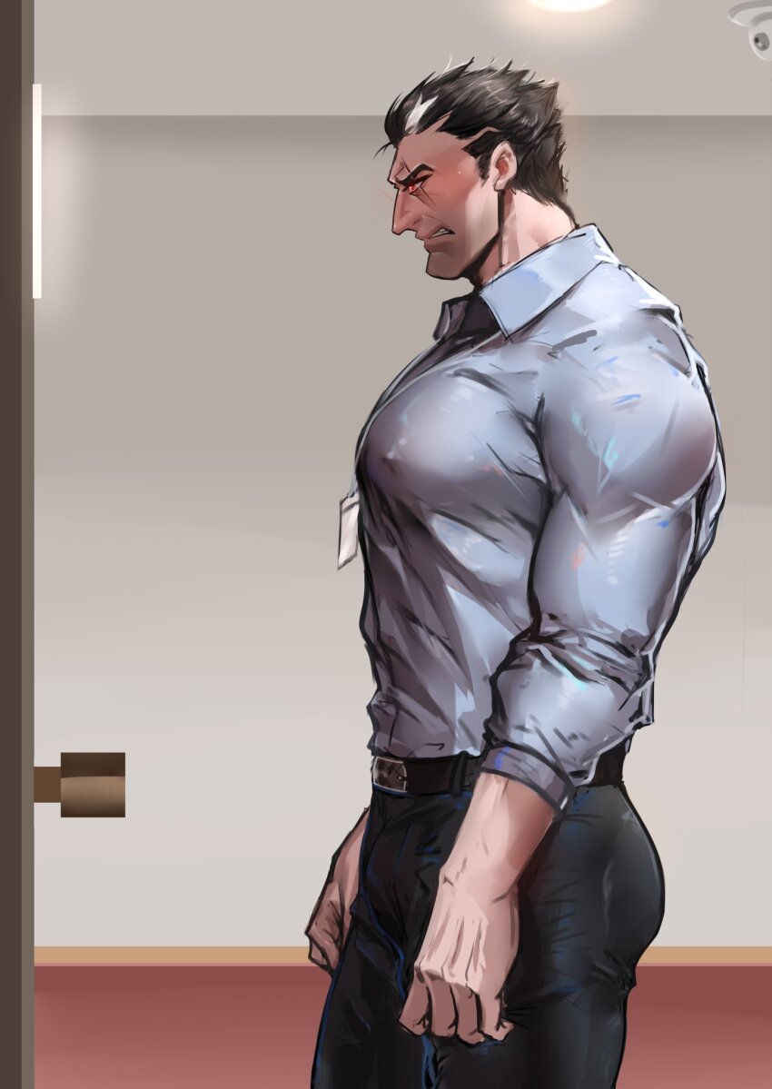 1boy, bara, black_hair, blush, camera, collared_shirt, darius_(league_of_legends), highres, large_pectorals, league_of_legends, male_focus, manly, mature_male, multicolored_hair, muscular, muscular_arms, muscular_male, nipples, panties, pectorals, profile_picture, red_eyes, scar, shirt, silver_(ordinary_1), solo, teeth, thick_eyebrows, tight_clothes, underwear, white_hair