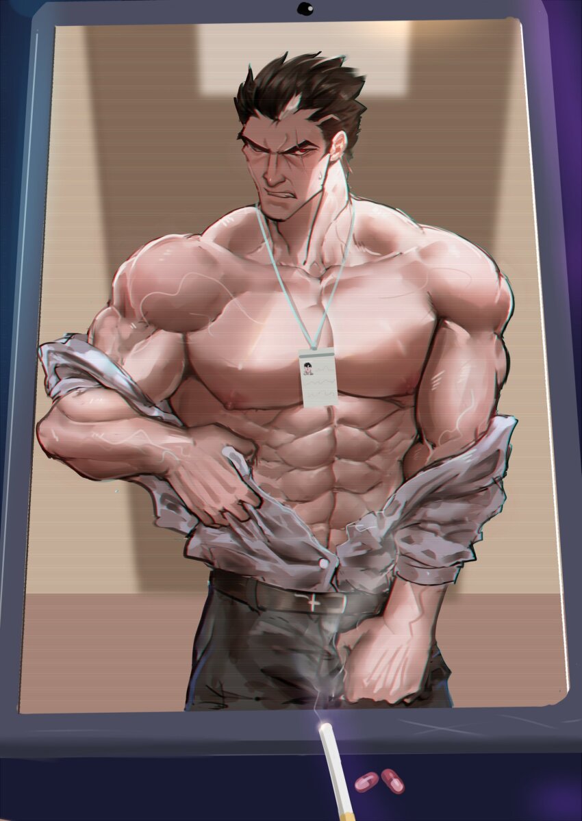 1boy, abs, bara, biceps, black_hair, blush, cellphone, cigarette, collared_shirt, darius_(league_of_legends), frown, highres, id_card, large_pectorals, league_of_legends, male_focus, manly, mature_male, multicolored_hair, muscular, muscular_arms, muscular_male, nipples, open_clothes, open_shirt, pants, pectorals, phone, red_eyes, scar, shirt, silver_(ordinary_1), smoke, solo, sweat, teeth, thick_eyebrows, undressing, veins, video_call, white_hair
