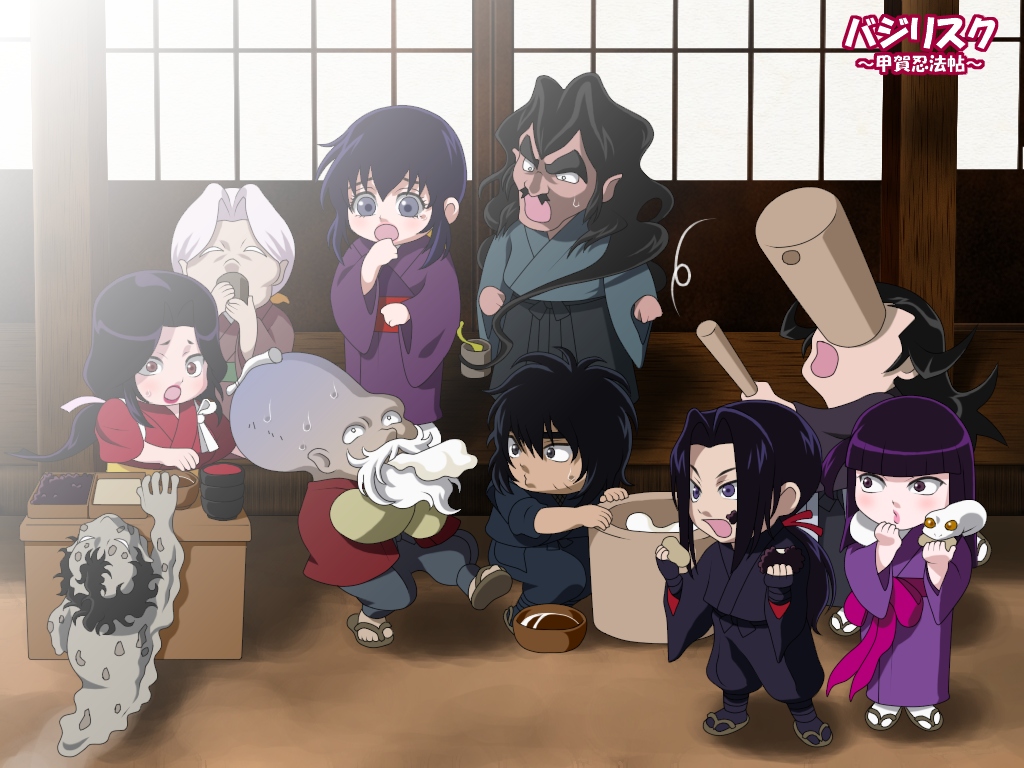 00s, 4girls, 6+boys, akeginu, amayo_jingoro, azuki_rousai, basilisk_(manga), chibi, chibi_only, chikuma_koshirou, everyone, hotarubi, iga_oboro, iga_ogen, japanese_clothes, kimono, mino_nenki, multiple_boys, multiple_girls, yakushiji_tenzen, yashamaru