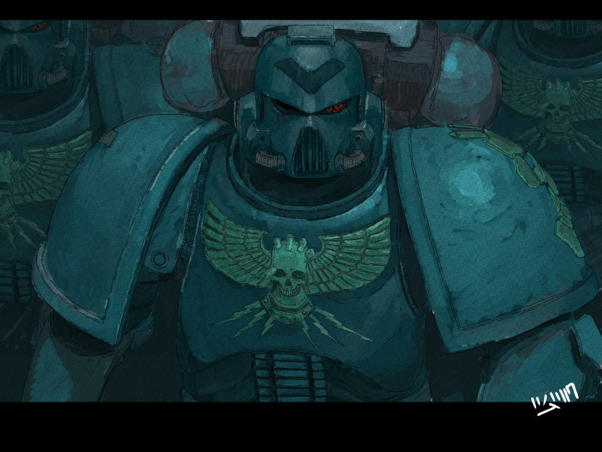 3boys, absurdres, adeptus_astartes, aquila_(symbol), armor, astartes_(web_animation), backpack, bag, full_armor, highres, male_focus, multiple_boys, pauldrons, power_armor, red_eyes, shoulder_armor, tumubar117, warhammer_40k