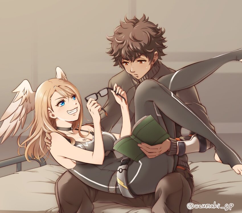 1boy, 1girl, black-framed_eyewear, black_bodysuit, blue_eyes, bodysuit, book, brown_hair