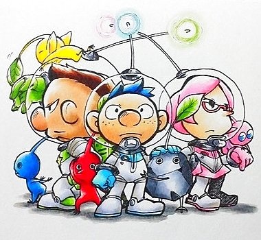 1girl, 2boys, akira_(8877ice), alien, alph_(pikmin), backpack, badge, bag
