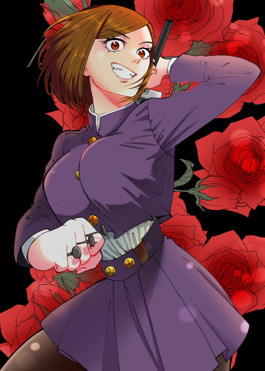 1girl, absurdres, black_pantyhose, breasts, brown_hair, commentary_request, flower, grin