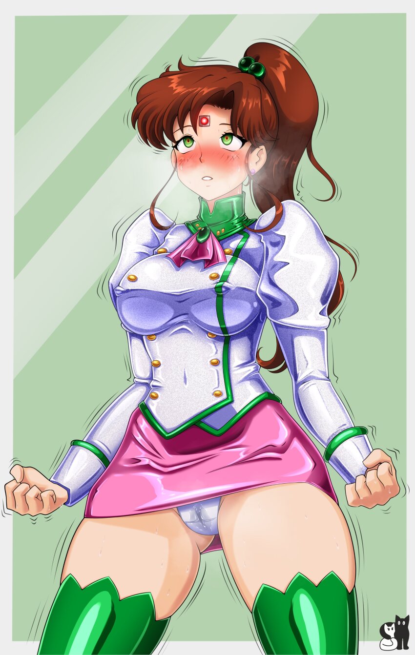 1girl, absurdres, agent_aika, aika_(series), ascot, bishoujo_senshi_sailor_moon, black_ascot, blank_eyes, breasts, brown_hair, buttons, cameltoe, collar, commentary, cosplay, crotch_seam, delmogeny_uniform, double-breasted, earrings, flower_earrings, gluteal_fold, green_collar, green_eyes, green_footwear, highres, jacket, jewelry, juliet_sleeves, kino_makoto, legs, long_hair, long_sleeves, looking_up, medium_breasts, medium_hair, panties, pantyshot, pencil_skirt, pink_ascot, pink_skirt, ponytail, puffy_sleeves, rosvo, sailor_jupiter, skirt, solo, taut_clothes, underwear, white_delmo, white_jacket