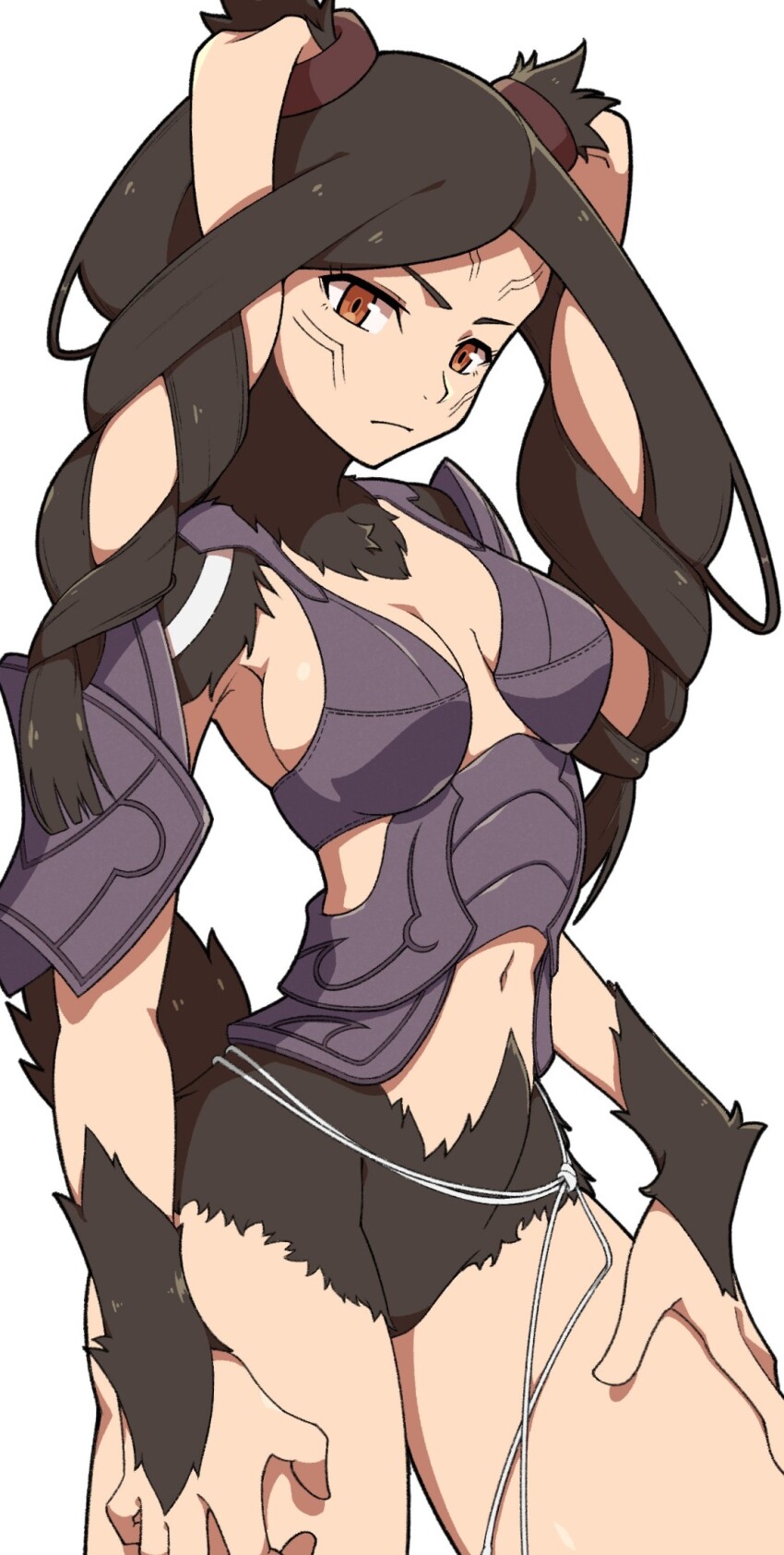 1girl, armor, bikini_armor, black_fur, body_fur, braid, breasts, breasts_apart