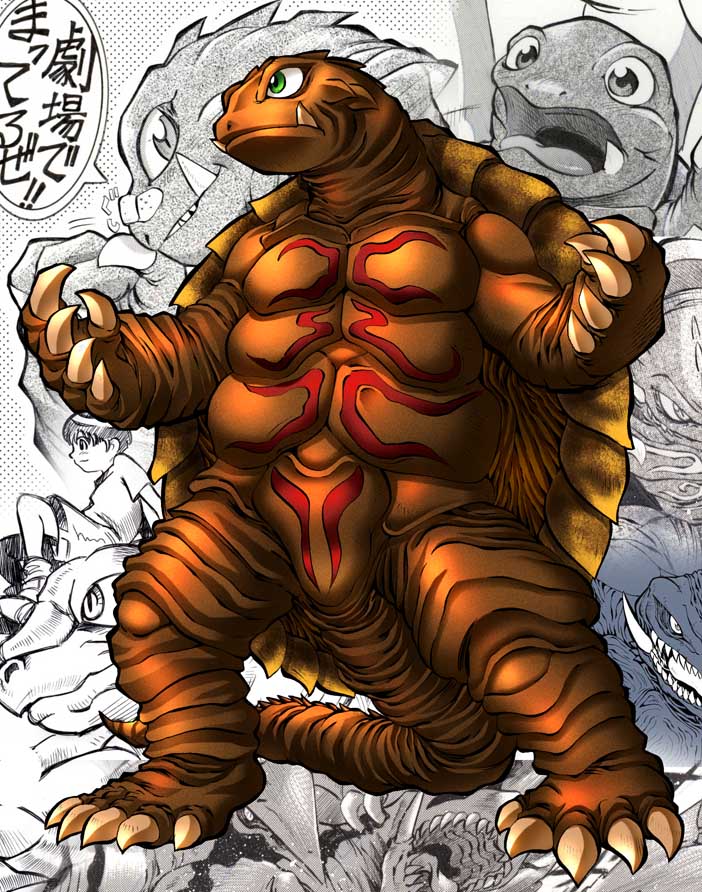 1boy, aizawa_toru, avant_gamera, bandaid, bandaid_on_face, bandaid_on_nose, body_markings, claws, dual_persona, gamera, gamera_(series), gamera_the_brave, giant, giant_monster, green_eyes, gyaos, japanese_text, kadokawa, kaiju, monochrome_background, monster, open_mouth, original_gyaos, reincarnation, sea_monster, sharp_teeth, shell, shorts, slit_pupils, speech_bubble, tail, teeth, tongue, toto_(gamera), tsushima_naoto, turtle, turtle_shell, tusks