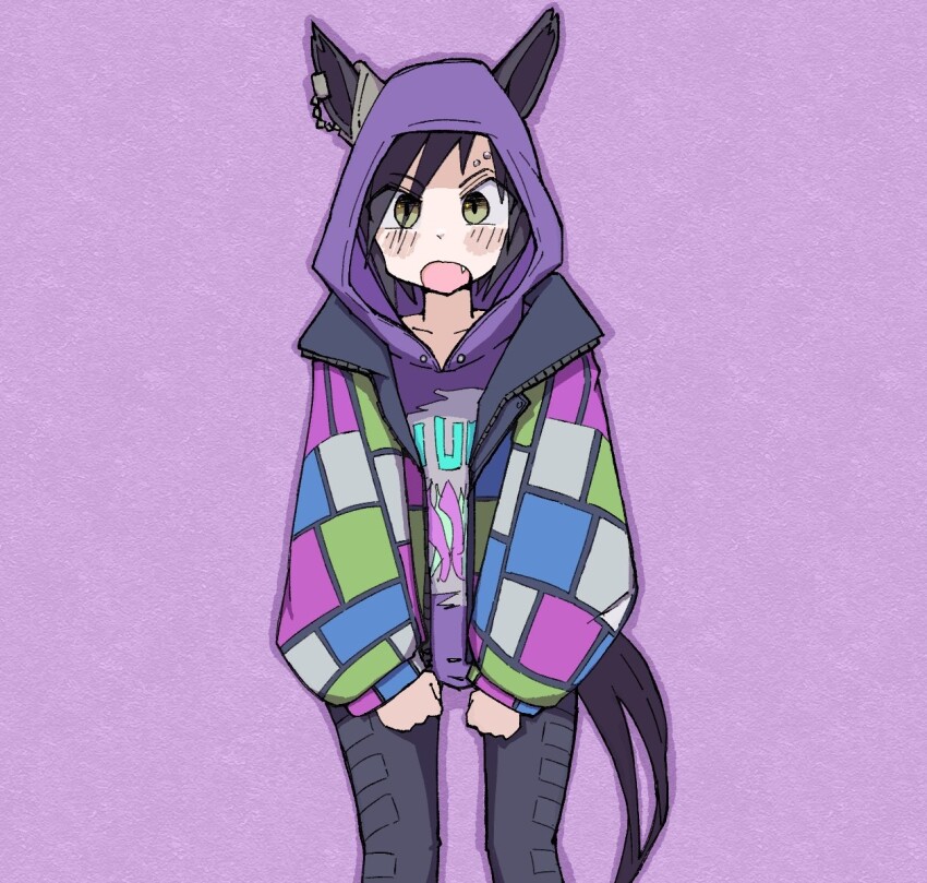 1girl, air_shakur_(casual)_(umamusume), air_shakur_(umamusume), animal_ears, black_hair, black_pants, blush, ears_through_hood