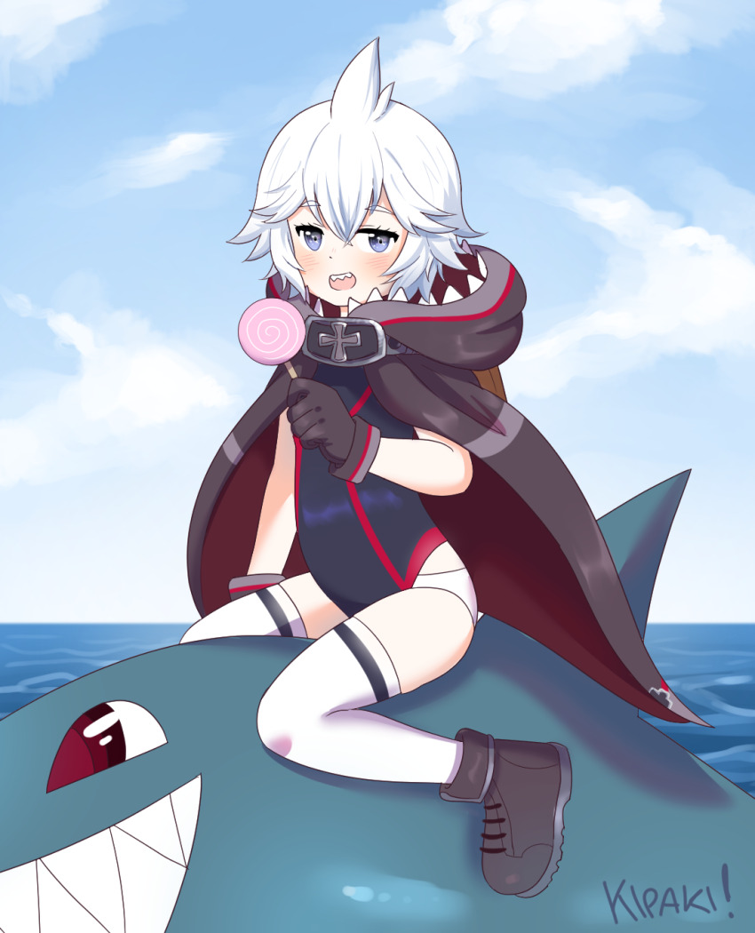 1girl, :d, artist_name, azur_lane, black_one-piece_swimsuit, black_shoes, blue_eyes, blue_sky