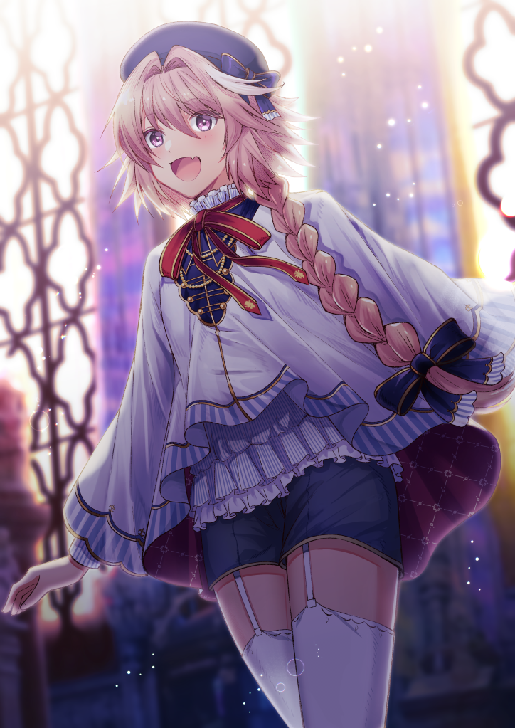 1boy, arms_at_sides, astolfo_(angel_breath)_(fate), astolfo_(fate), backlighting, beret, blue_hat, blue_shorts, blush, bow, bowtie, braid, cloak, commentary_request, cowboy_shot, fang, fate/grand_order, fate_(series), frilled_shirt_collar, frills, garter_straps, hair_between_eyes, hair_intakes, hair_over_shoulder, hat, indoors, ittokyu, light_particles, long_braid, long_hair, male_focus, multicolored_hair, official_alternate_costume, open_mouth, pink_hair, purple_eyes, red_bow, red_bowtie, shorts, side_braid, single_braid, skin_fang, stained_glass, streaked_hair, thighhighs, trap, white_cloak, white_garter_straps, white_hair, white_thighhighs