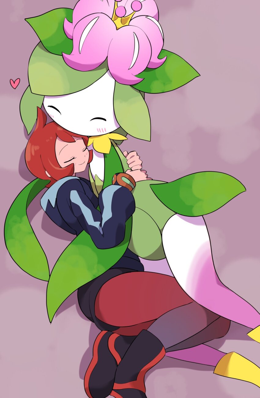 1girl, affectionate, arezu_(pokemon), black_footwear, black_shorts, boots, bracelet, closed_eyes