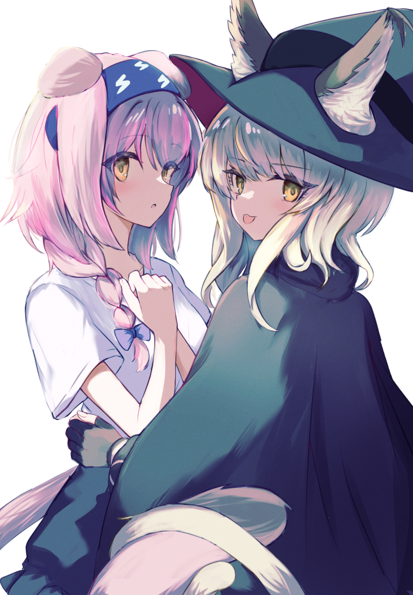 2girls, :o, :p, animal_ear_fluff, animal_ears, arknights, black_gloves, blue_cloak