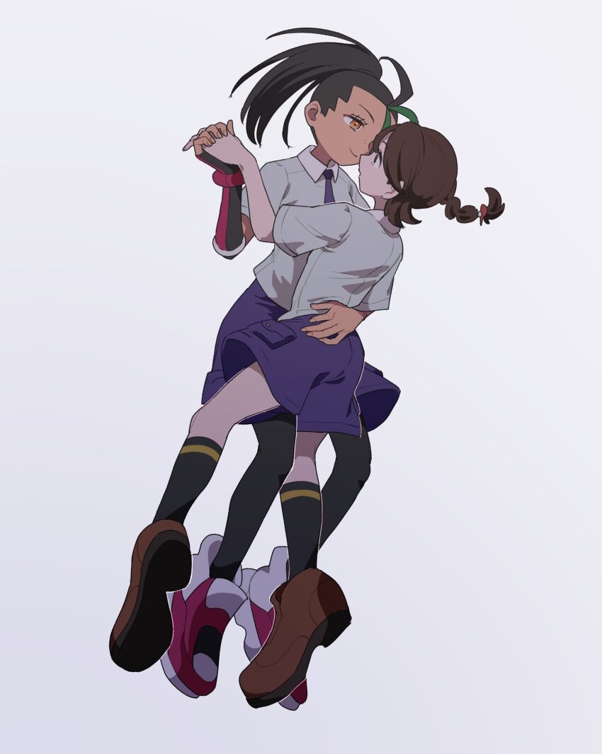 2girls, black_hair, black_socks, braid, brown_footwear, brown_hair, closed_mouth, commentary_request, eyelashes, fingerless_gloves, gloves, green_hair, grey_shirt, highres, holding_hands, juliana_(pokemon), long_hair, mira_(miramita8727), multicolored_hair, multiple_girls, nemona_(pokemon), nintendo, orange_eyes, pokemon, pokemon_scarlet_and_violet, ponytail, purple_shorts, shirt, shoes, short_sleeves, shorts, simple_background, smile, socks, two-tone_hair, white_background, yuri