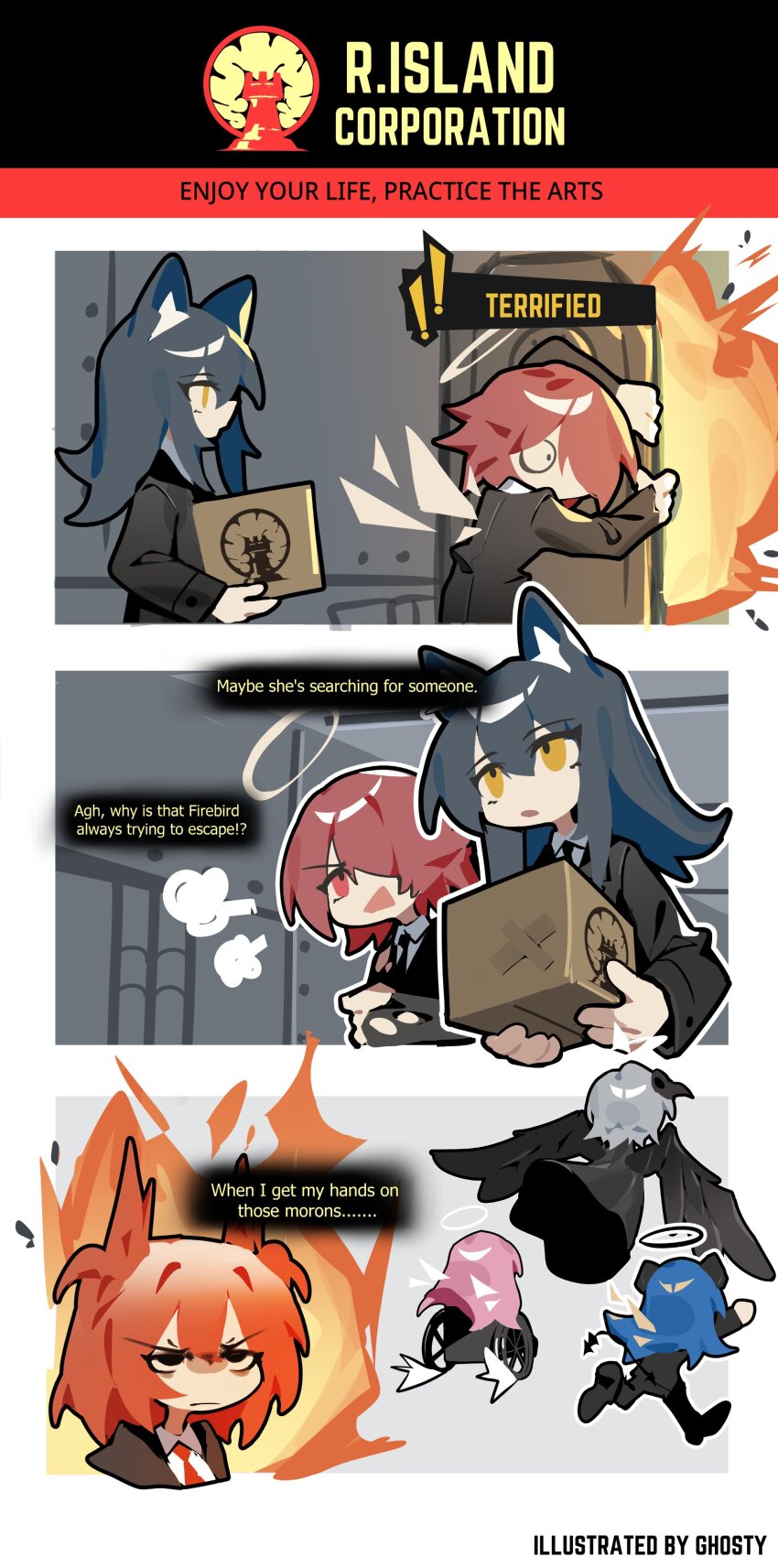 !, absurdres, ambriel_(arknights), angel, angry, animal_ears, arknights, black_halo, black_necktie, black_suit, blue_hair, box, cardboard_box, character_request, chibi, demon_tail, detached_wings, energy_wings, english_text, explosion, exusiai_(arknights), fiammetta_(arknights), firebird_(project_moon), formal_clothes, gameplay_mechanics, ghost_(tama), grey_hair, halo, highres, holding, holding_box, lobotomy_corporation, lobotomy_corporation_logo, mostima_(arknights), necktie, open_mouth, pink_hair, project_moon, red_eyes, red_necktie, rhodes_island_logo_(arknights), scared, suit, tail, texas_(arknights), wheelchair, wings, wolf_ears, wolf_girl, yellow_eyes
