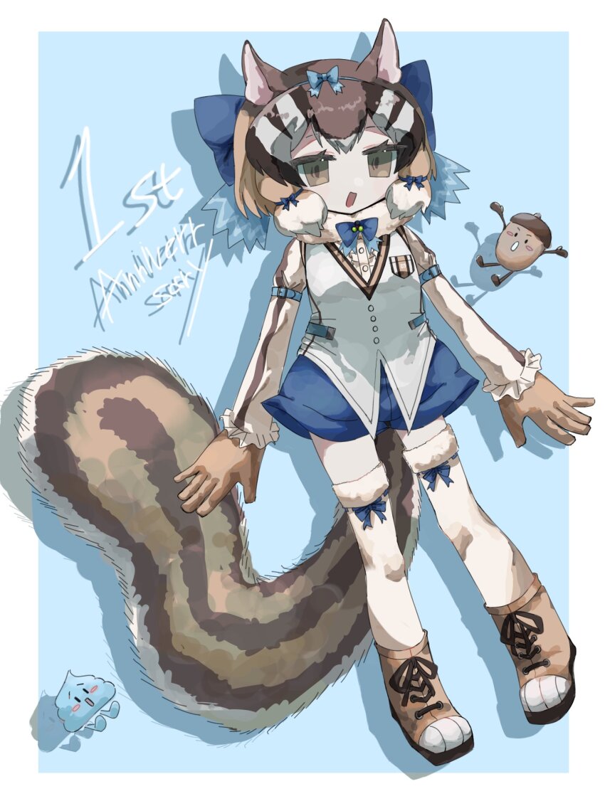 1girl, acorn, animal_ears, anniversary, blue_background, boots, brown_eyes, brown_hair