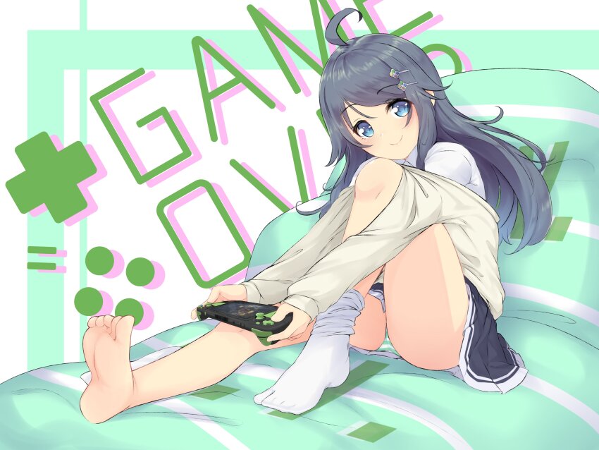 1girl, absurdres, ahoge, barefoot, black_hair, blue_eyes, blush, closed_mouth, collared_shirt, english_text, eyelashes, feet, green_background, green_panties, hair_ornament, hairclip, handheld_game_console, head_tilt, highres, holding, inohara_koboshi, knee_up, long_hair, looking_at_viewer, no_shoes, off_shoulder, on_bed, ongeki, panties, pleated_skirt, samiko, school_uniform, shirt, single_sock, sitting, skirt, smile, socks, soles, solo, striped_clothes, striped_panties, swept_bangs, thighs, toes, underwear, white_panties, white_shirt, white_socks