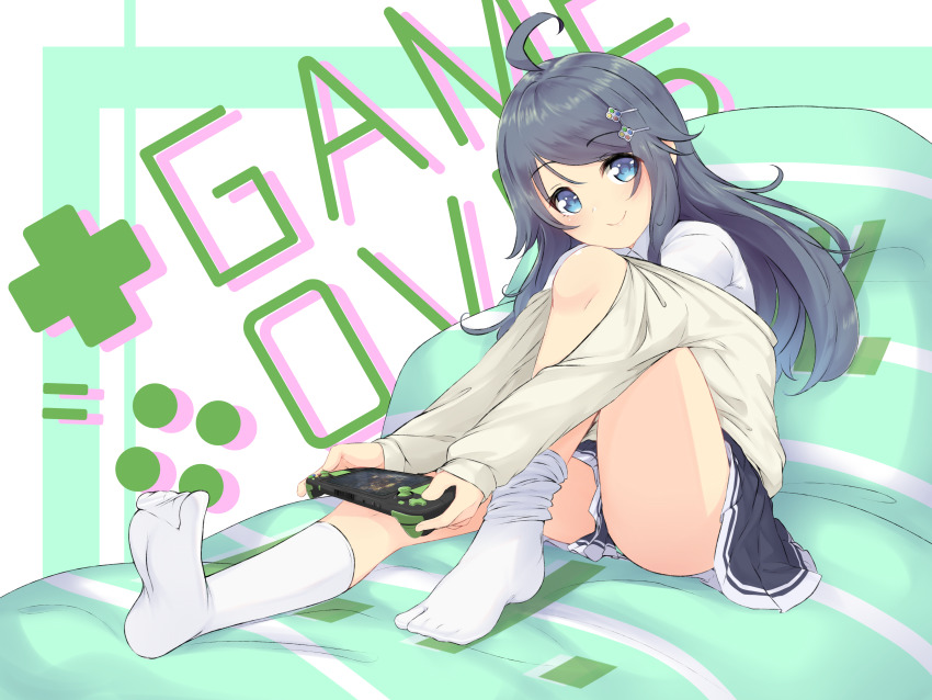 1girl, absurdres, ahoge, black_hair, blue_eyes, blush, closed_mouth, collared_shirt