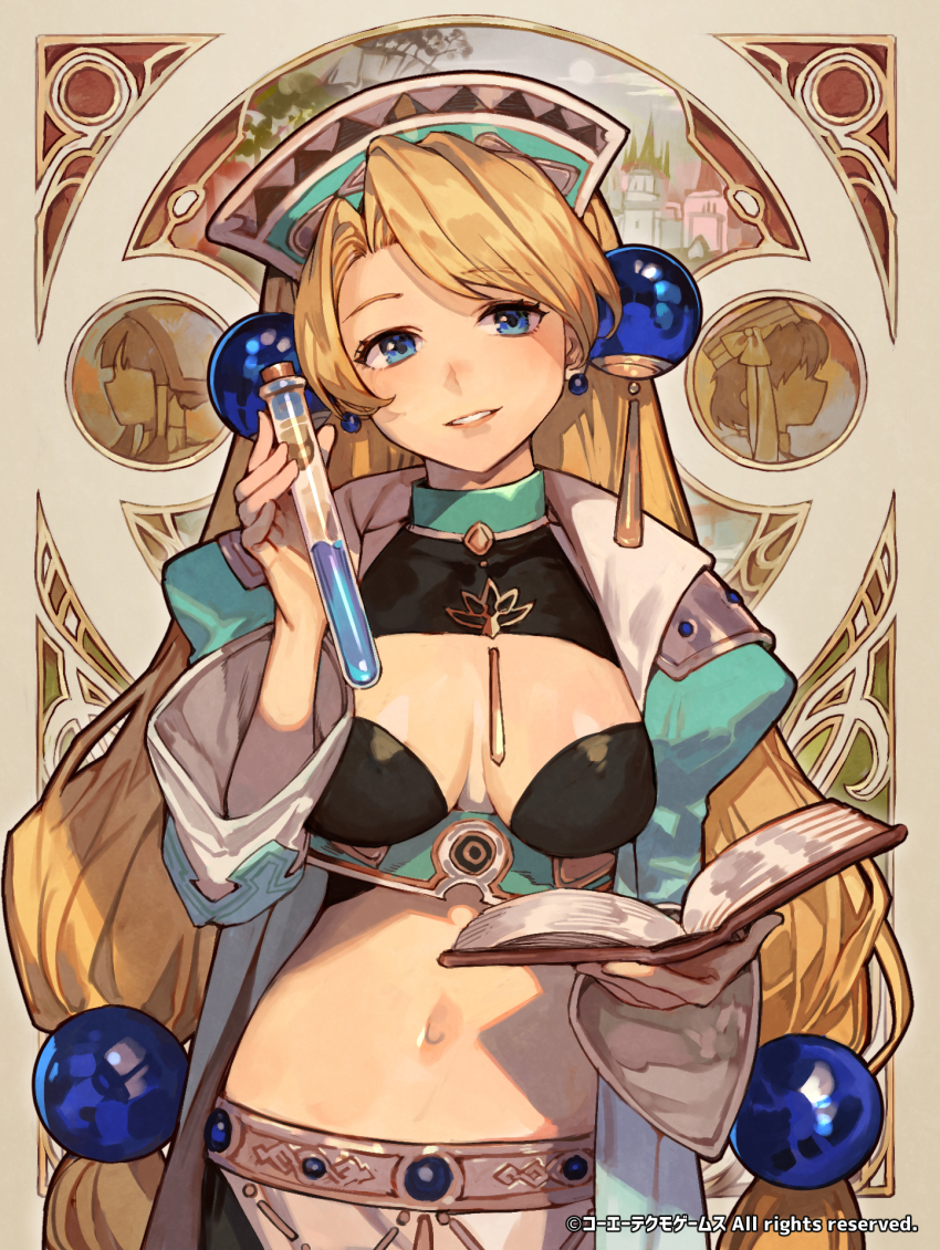 1girl, atelier_(series), atelier_marie, black_bra, blonde_hair, blue_coat, blue_eyes, blue_headwear, book, bra, breasts, cleavage, coat, commentary_request, earrings, elfir_traum, flask, hair_ornament, headdress, highres, holding, holding_book, holding_flask, hungry_clicker, jewelry, juliet_sleeves, large_breasts, lilie_(atelier), long_hair, long_sleeves, looking_at_viewer, low-tied_long_hair, marlone, midriff, navel, official_art, open_book, open_clothes, open_mouth, parted_bangs, promotional_art, puffy_sleeves, smile, solo, sphere_hair_ornament, underwear, very_long_hair